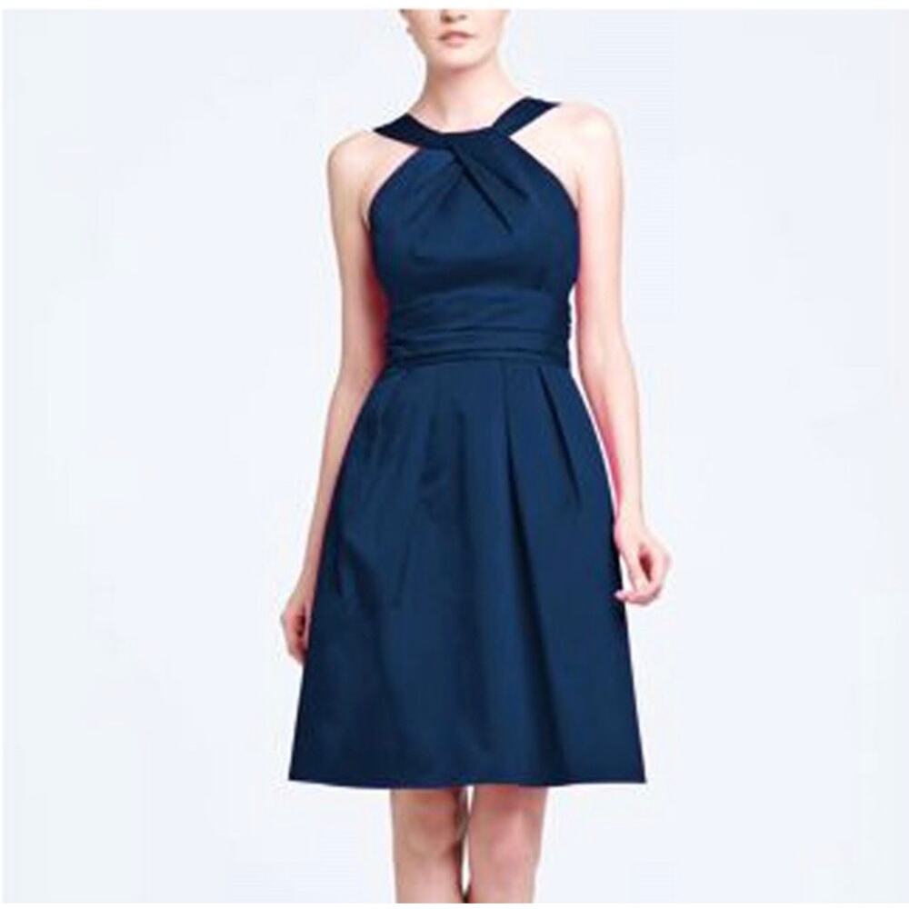 NWT Davids Bridal Y Neck Cotton Sateen Bridesmaids Dress Marine Navy Womens 12